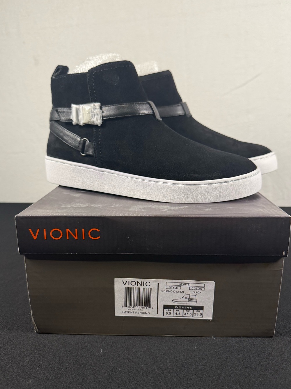 Vionic - Mitzi Black Suede Ankle Bootie W/ Side Zipper White Soles NIB Size 6.5